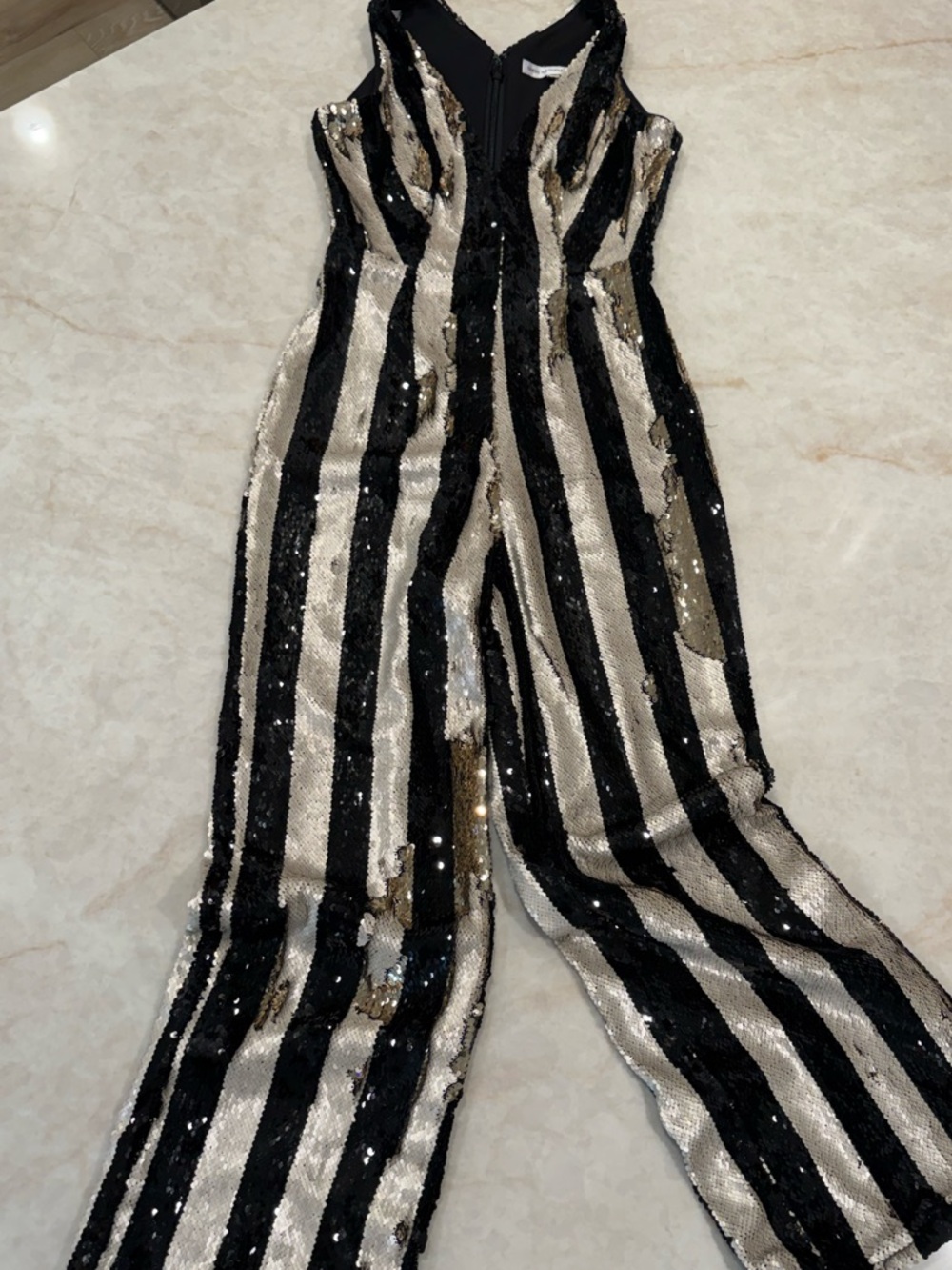 Dress the Population Black and Gold Striped Sequin Jumpsuit Romper